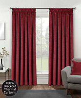 Red Velvet, Supersoft, 100% Blackout, Thermal Pair of Curtains with Tape Top - 90 x 90 inch (229x229cm)