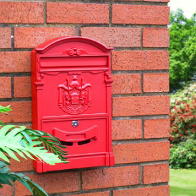 Red Wall Mounted Lockable Letterbox - Weather Resistant Galvanised Steel Retro Style Post Mail Box - Measures H41 x W25.5 x D9cm