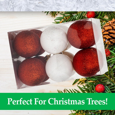 Lot De 6 Boules De Noël Rouges Et Blanches Motif Canne à Sucre - Décorations Pour Sapin De Noël