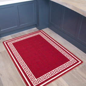 Red White Geometric Bordered Non Slip Washable Kitchen Utility Mat 120x160cm
