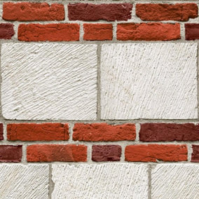 Red White Stone Brick Wall Effect Wallpaper Embossed Blown Vinyl Muriva