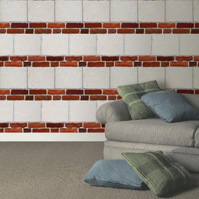 Red White Stone Brick Wall Effect Wallpaper Embossed Blown Vinyl Muriva