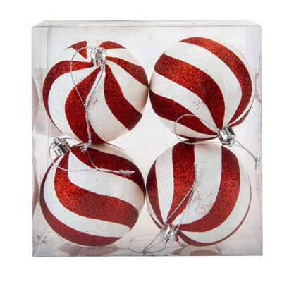 Red & White Stripe 8cm Baubles Candy Cane (4 Pack) - Christmas Decorations