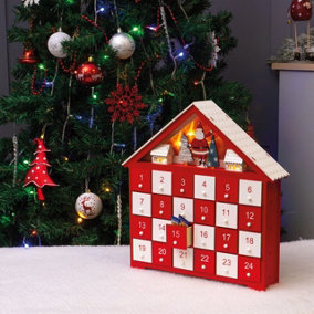 Red & White Wooden Advent Calendar - Light Up Festive Xmas Decoration with Father Christmas Cut Out Design & 24 Gift Drawers