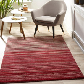 Red Wool Striped Handmade Easy to Clean Rug for Living Room and Bedroom-80cm X 150cm