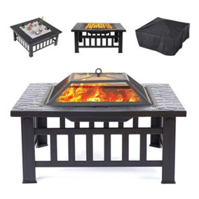 Redwood Outdoor Garden Square Fire Pit Heater with Barbecue Grill in Black