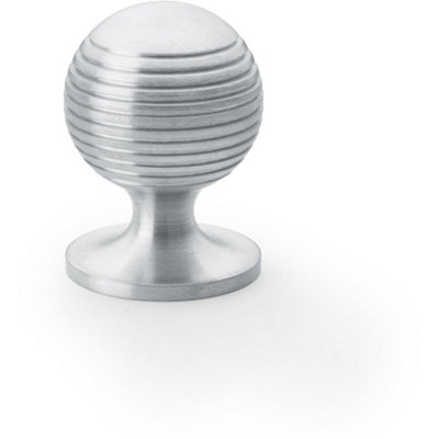 Reeded Ball Door Knob - 32mm Diameter Satin Chrome Lined Cupboard Pull Handle