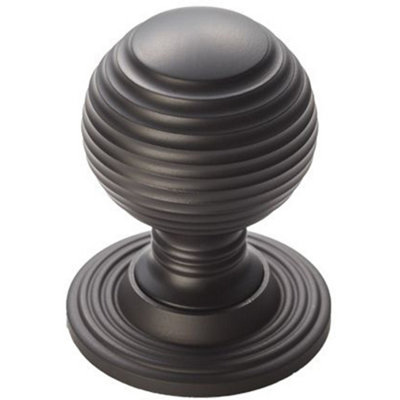 Reeded Ball Door Knob - 35mm Matt Black Lined Cupboard Pull Handle & Rose