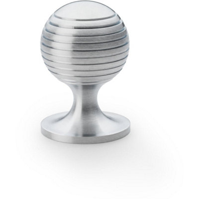 Reeded Ball Door Knob - 38mm Diameter Satin Chrome Lined Cupboard Pull Handle