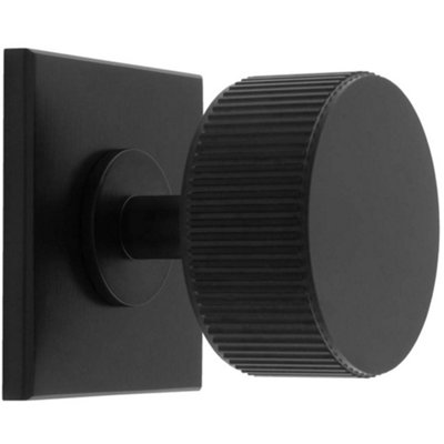 Reeded Radio Cabinet Door Knob & Matching Backplate Lined Matt Black 40 x 40mm