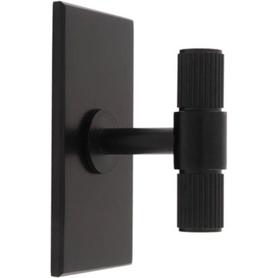 Reeded T Bar Cabinet Door Knob & Matching Backplate Lined Matt Black 76 x 40mm