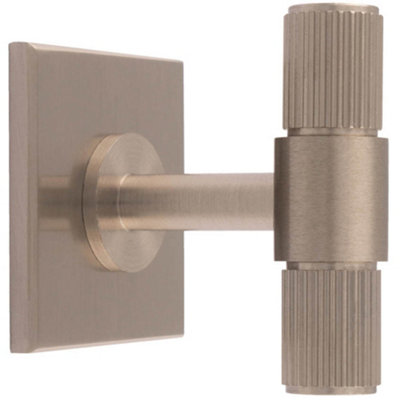 Reeded T Bar Cabinet Door Knob & Matching Backplate Lined Satin Nickel 40 x 40mm