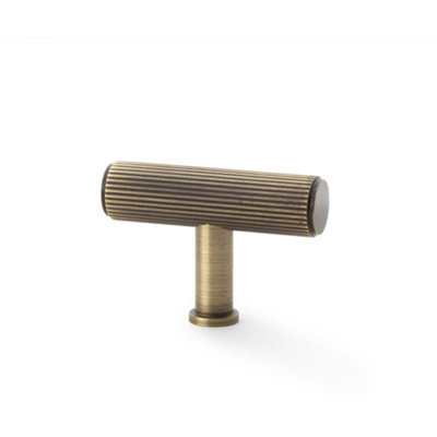 Reeded T Bar Cupboard Door Knob - 55mm x 38mm Antique Brass Lined Pull Handle