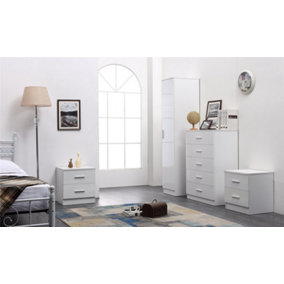 REFLECT 1 Door Plain Wardrobe and 5 Drawer Chest 2x 2 Drawer Bedsides SET in Gloss White and Matt White