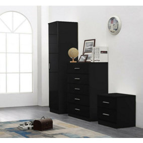 REFLECT 1 Door Plain Wardrobe and 5 Drawer Chest and 2 Drawer Bedside SET in Gloss Black and Black Oak