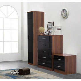 REFLECT 1 Door Plain Wardrobe and 5 Drawer Chest and 2 Drawer Bedside SET in Gloss Black and Walnut