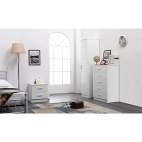 REFLECT 1 Door Plain Wardrobe and 5 Drawer Chest and 2 Drawer Bedside SET in Gloss White and Matt White