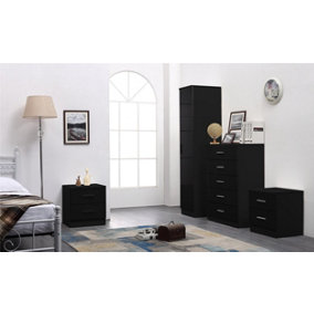 REFLECT 1 Door Plain Wardrobe and 5 Drawer Chest and 2x 2 Drawer Bedsides SET in Gloss Black and Black Oak