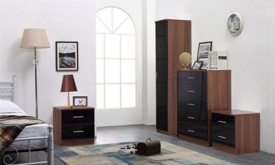 REFLECT 1 Door Plain Wardrobe and 5 Drawer Chest and 2x 2 Drawer Bedsides SET in Gloss Black and Walnut