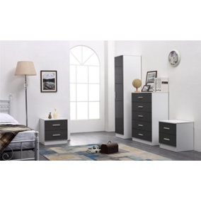 REFLECT 1 Door Plain Wardrobe and 5 Drawer Chest and 2x 2 Drawer Bedsides SET in Gloss Grey and Matt White