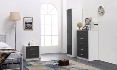 REFLECT 1 Door Plain Wardrobe and 5 Drawer Chest of Drawers and 2 Drawer Bedside SET in Gloss Grey and Matt White