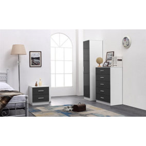 REFLECT 1 Door Plain Wardrobe and 5 Drawer Chest of Drawers and 2 Drawer Bedside SET in Gloss Grey and Matt White