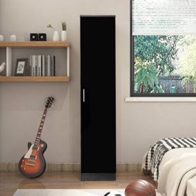 REFLECT 1 Door Plain Wardrobe in Gloss Black Door Fronts and Black Oak Carcass