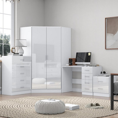 Reflect 2 Door Corner Wardrobe, 5 Drawer Chest, 2 Drawer Bedside & Desk -  White Gloss &