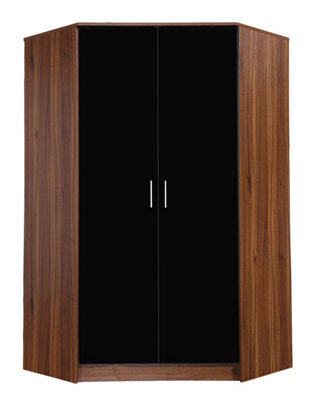 REFLECT 2 Door Corner Wardrobe in Gloss Black Door Fronts and Walnut Carcass