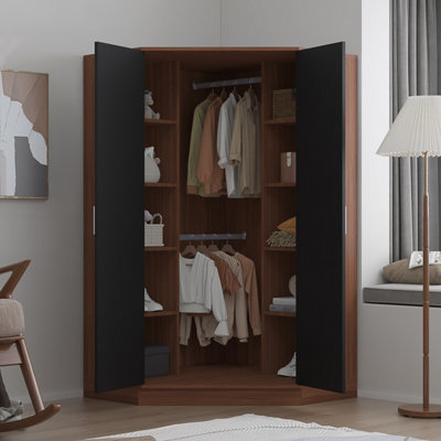 REFLECT 2 Door Corner Wardrobe in Gloss Black Door Fronts and Walnut Carcass