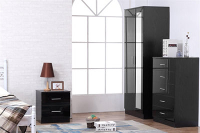 REFLECT 2 Door Mirrored Wardrobe and 5 Drawer Chest and 2 Drawer Bedside SET in Gloss Black and Black Oak
