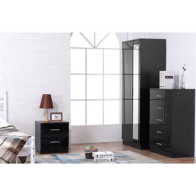 REFLECT 2 Door Mirrored Wardrobe and 5 Drawer Chest and 2 Drawer Bedside SET in Gloss Black and Black Oak