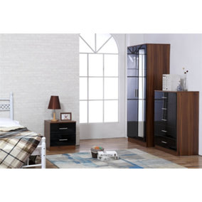 REFLECT 2 Door Mirrored Wardrobe and 5 Drawer Chest and 2 Drawer Bedside SET in Gloss Black and Walnut