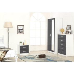 REFLECT 2 Door Mirrored Wardrobe and 5 Drawer Chest and 2 Drawer Bedside SET in Gloss Grey and Matt White