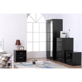 REFLECT 2 Door Mirrored Wardrobe and 5 Drawer Chest and 2x 2 Drawer Bedsides SET in Gloss Black and Black Oak