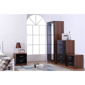 REFLECT 2 Door Mirrored Wardrobe and 5 Drawer Chest and 2x 2 Drawer Bedsides SET in Gloss Black and Walnut