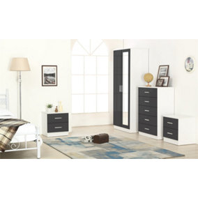 REFLECT 2 Door Mirrored Wardrobe and 5 Drawer Chest and 2x 2 Drawer Bedsides SET in Gloss Grey and Matt White