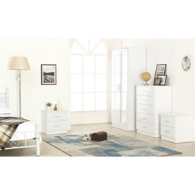 REFLECT 2 Door Mirrored Wardrobe and 5 Drawer Chest and 2x 2 Drawer Bedsides SET in Gloss White and Matt White