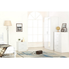 REFLECT 2 Door Mirrored Wardrobe and 5 Drawer Chest of Drawers and 2 Drawer Bedside SET in Gloss White and Matt White