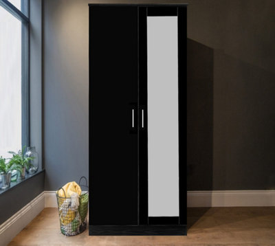 REFLECT 2 Door Mirrored Wardrobe in Gloss Black Door Fronts and Black Oak Carcass