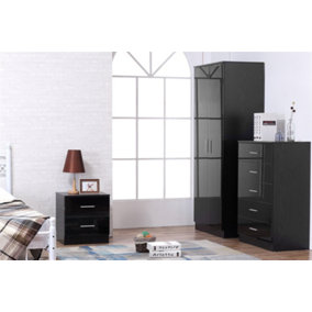 REFLECT 2 Door Plain Wardrobe and 5 Drawer Chest and 2 Drawer Bedside SET in Gloss Black and Black Oak
