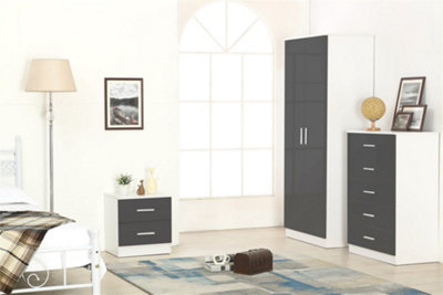 REFLECT 2 Door Plain Wardrobe and 5 Drawer Chest and 2 Drawer Bedside SET in Gloss Grey and Matt White