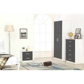 REFLECT 2 Door Plain Wardrobe and 5 Drawer Chest and 2 Drawer Bedside SET in Gloss Grey and Matt White
