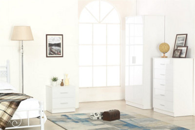 REFLECT 2 Door Plain Wardrobe and 5 Drawer Chest and 2 Drawer Bedside SET in Gloss White and Matt White