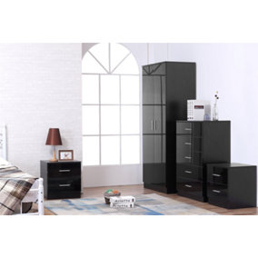 REFLECT 2 Door Plain Wardrobe and 5 Drawer Chest and 2x 2 Drawer Bedsides SET in Gloss Black and Black Oak