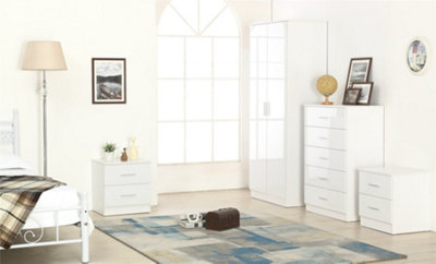 REFLECT 2 Door Plain Wardrobe and 5 Drawer Chest and 2x 2 Drawer Bedsides SET in Gloss White and Matt White