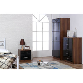 REFLECT 2 Door Plain Wardrobe and 5 Drawer Chest of Drawers and 2 Drawer Bedside SET in Gloss Black and Walnut