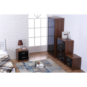 REFLECT 2 Door Plain Wardrobe and 5 Drawer Chest of Drawers and 2x 2 Drawer Bedsides SET in Gloss Black and Walnut
