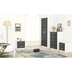 REFLECT 2 Door Plain Wardrobe and 5 Drawer Chest of Drawers and 2x 2 Drawer Bedsides SET in Gloss Grey and Matt White
