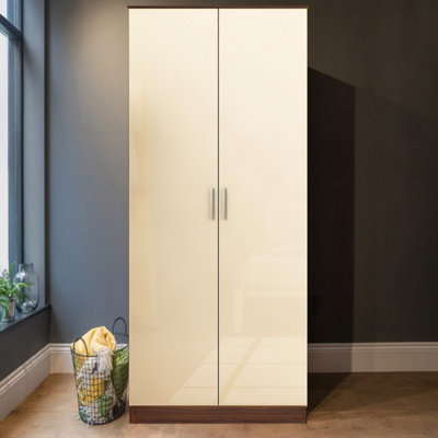 REFLECT 2 Door Plain Wardrobe in Gloss Cream / Walnut (H)180cm (W)76cm (D)47cm